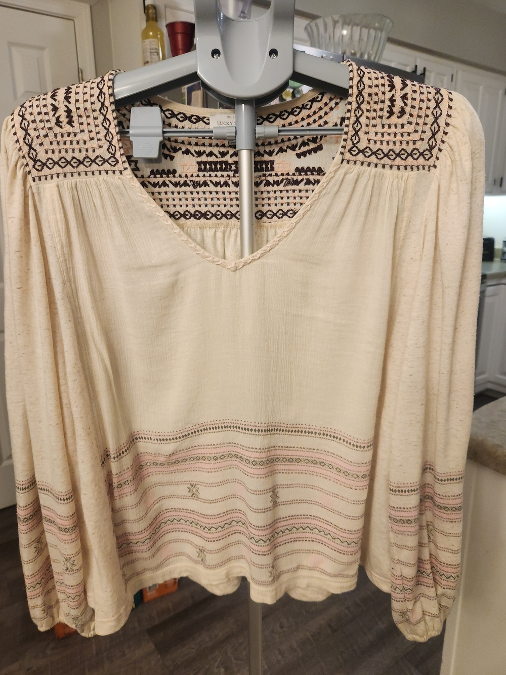 Lucky Brand Cream Embroidered V-Neck Peasant Top